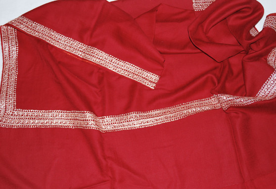 Ethnic Hand Embroidery Sozni "Tilla" Woolen Shawl Red, Silver Emb #WS-924