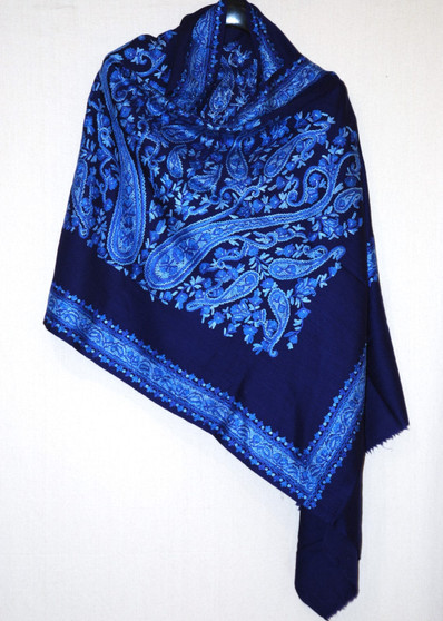 Kashmiri Hand Embroidered Woolen Shawl Wrap Throw Navy, Multicolor #WS-143