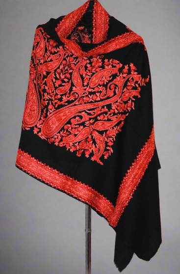 Kashmiri Ethnic "Tilla" Sozni Embroidered Woolen Shawl Wrap Throw Black, Coral Emb #WS-144