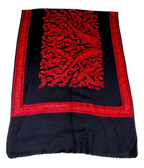 Crewel "Aari" Embroidery Woolen Shawl Wrap Throw Black, Red Emb #WS-145