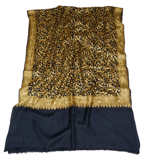 Kashmiri "Aari" Embroidered Woolen Shawl Wrap Throw Black, Olive Emb #WS-142