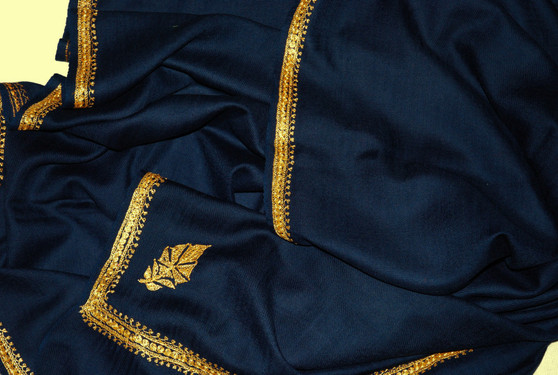 Kashmiri Ethnic Sozni "Tilla" Embroidery Wool Shawl Navy, Gold Emb #WS-911