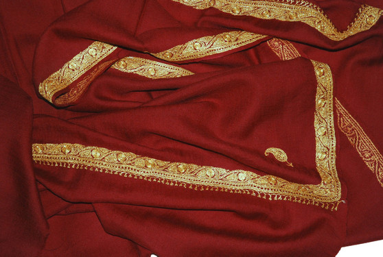 Kashmiri Ethnic "Tilla" Sozni Embroidered Wool Shawl Burgundy, Gold Emb #WS-922