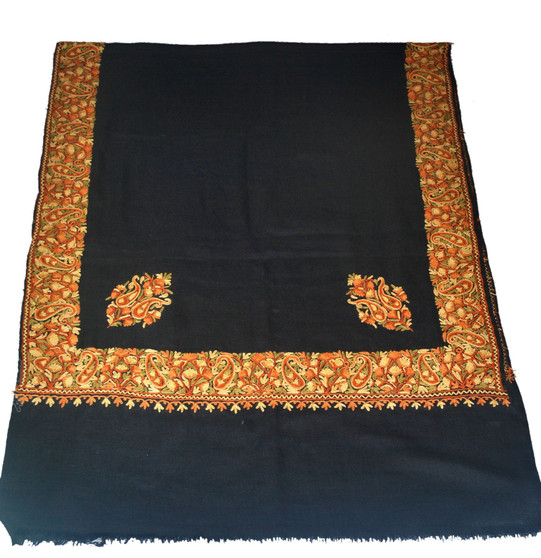Kashmiri Ethnic Embroidered Wool Shawl Wrap Throw Black, Multicolor #WS-402