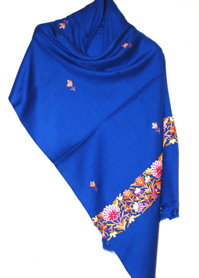 Crewel "Aari" Embroidery Woolen Shawl Wrap Throw Blue, Multicolor #WS-128