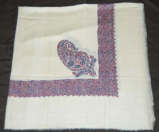 Ethnic "Sozni" Embroidered Pashmina Arab Scarf Shemagh Shawl, Blue on White #PRM-021