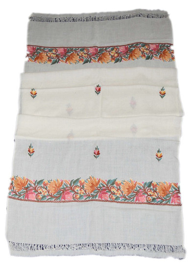 Kashmiri Ethnic Embroidered Wool Shawl Wrap Throw White, Multicolor #WS-126