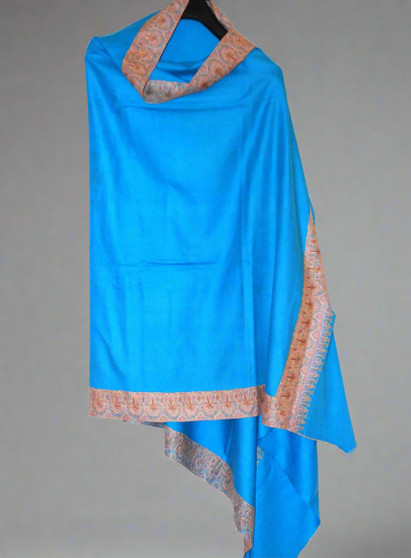 Kashmiri Ethnic "Sozni" Embroidered Pashmina Shawl Schal Sky Blue, Multicolor #PDR-012