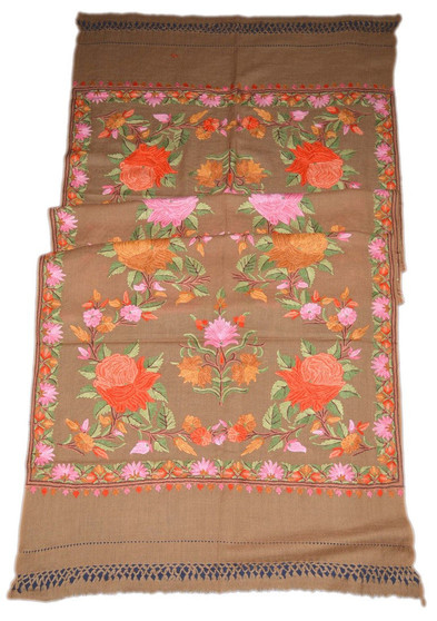 Crewel Ethnic Embroidery Wool Shawl Wrap Throw Beige, Multicolor #WS-119