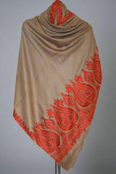 Kashmiri Ethnic "Sozni" Embroidered Pashmina Cashmere Shawl Beige, Multicolor #PDR-011