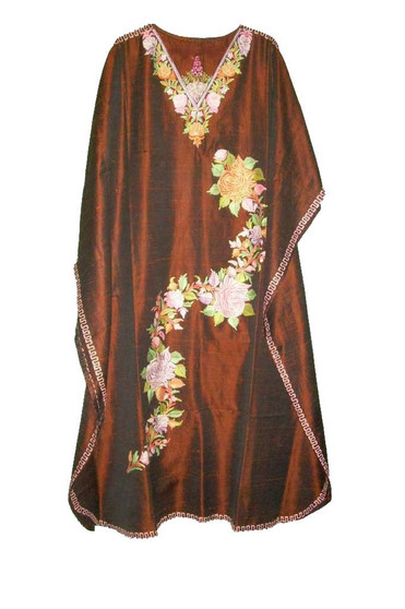 Ethnic Kashmiri Embroidered Silk Kaftan Womens Caftan Rust, Multicolor #SKF-003