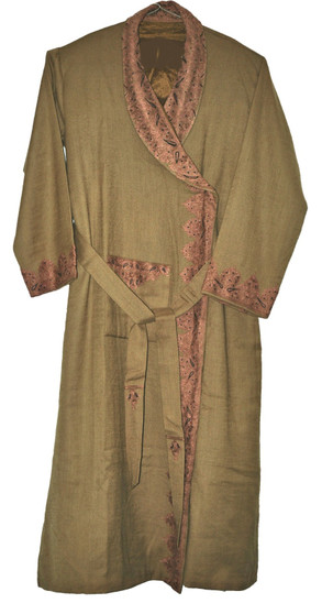 Ethnic Crewel Embroidered Gents Dressing Gown Beige, Multicolor #WG-102