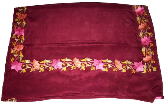 Kashmiri Ethnic "Aari" Embroidered Silk Sari Saree Sarong Burgundy, Multicolor #SA-108