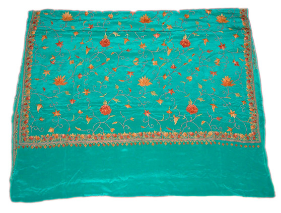 Kashmiri Silk Sari, Indian Wedding Saree Green, Multicolor Embroidery #SA-103