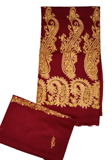 Woolen Salwar Kameez Suit Fabric and Shawl Burgundy, Rust Embroidery #FS-434