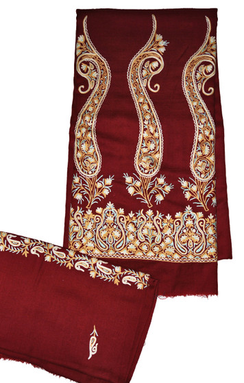 Woolen Salwar Kameez Suit Fabric and Shawl Burgundy, Multicolor Embroidery #FS-433