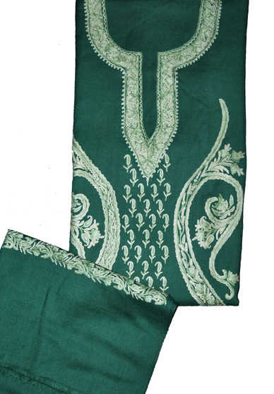 Woolen Salwar Kameez Suit Fabric and  Shawl Green, Tone-Tone Embroidery #FS-471