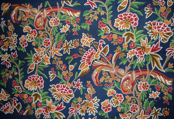 Made to Order Custom Crewel Embroidered Fabric "Birds" Navy, Multicolor #3336
