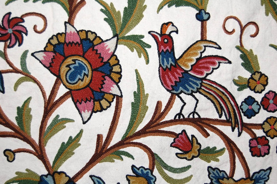 Made to Order Custom Crewel Embroidered Fabric "Tree of Life Birds" Off-White, Multicolor #3337