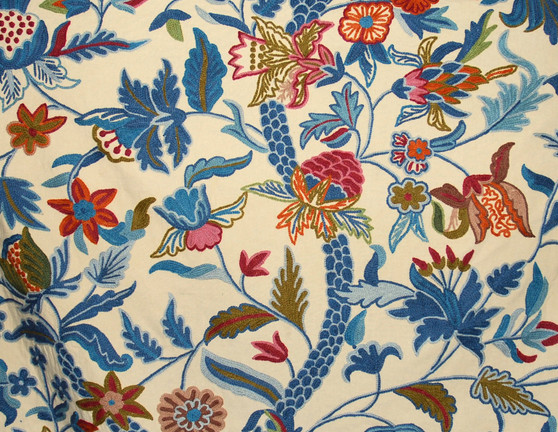 Custom Crewel Embroidered Fabric Beige, Multicolor #3371