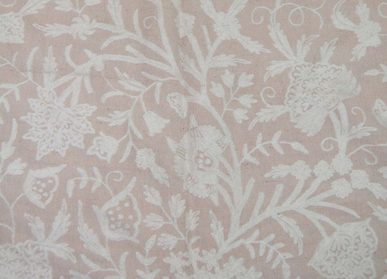 Crewel Embroidered Jute Fabric "Tree of Life", White on Beige #DDR901