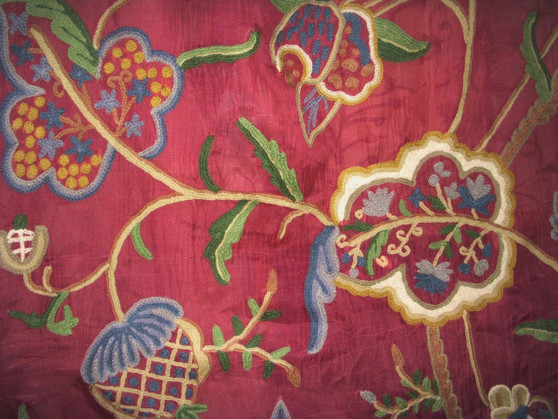 Crewel Silk Organza Embroidered Fabric Burgundy, Multicolor #SL202