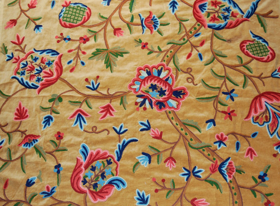 Crewel Embroidered Velvet Fabric "Watlab" Beige, Multicolor #CV401