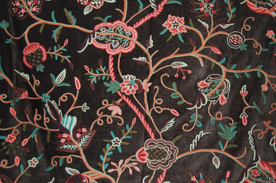 Crewel Embroidered Velvet Fabric "Watlab" Brown, Multicolor #CV302