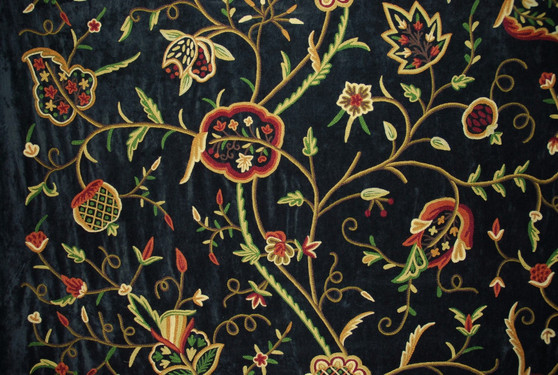 Crewel Embroidered Velvet Fabric "Watlab" Black, Multicolor #CV303