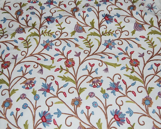 Crewel Embroidered Custom Made Fabric Off-White, Multicolor #3301