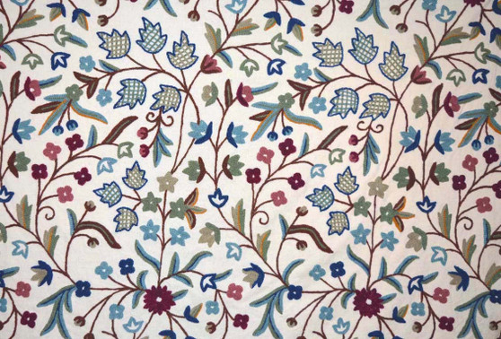 Custom Crewel Embroidered Fabric Off-White, Multicolor #3309