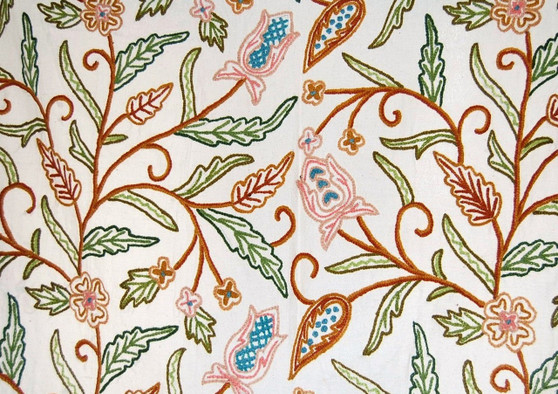 Cotton Crewel Embroidered Fabric "Jacobean" Off-White, Multicolor #SNL102