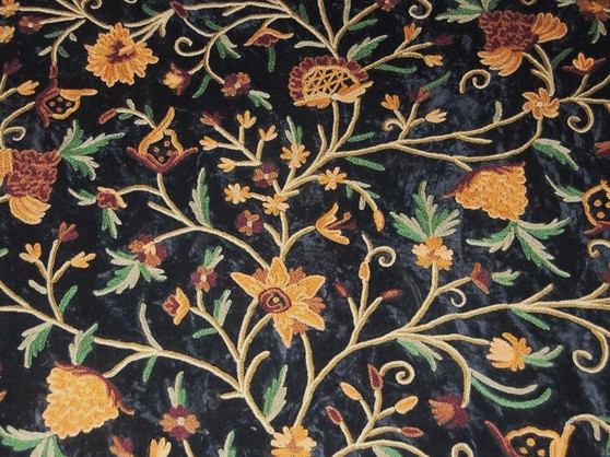 Crewel Embroidered Velvet Fabric "Tree of Life" Black, Multicolor #CV206