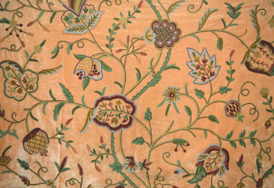 Crewel Embroidered Velvet Fabric "Watlab" Tan, Multicolor #CV305
