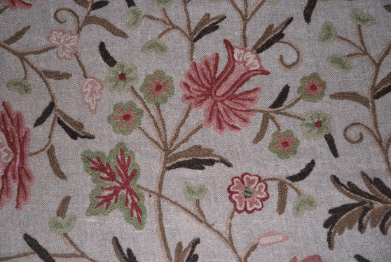 Crewel Embroidered Linen Fabric Floral Beige, Multicolor #FLR603