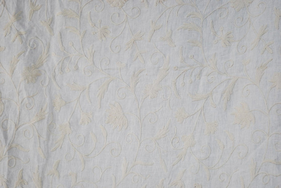 Crewel Embroidered Linen Fabric "Jacobean", White on White #TML652