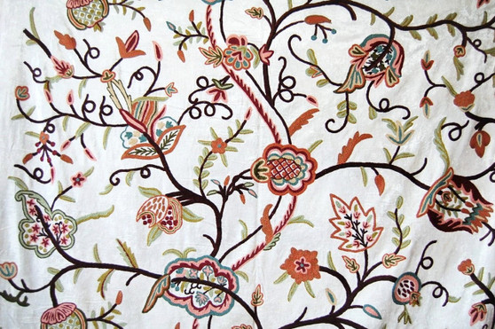 Crewel Embroidered Velvet Fabric "Watlab" White, Multicolor #CV301