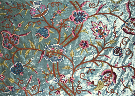 Crewel Ethnic Embroidered Velvet Fabric Teal, Multicolor #CV402