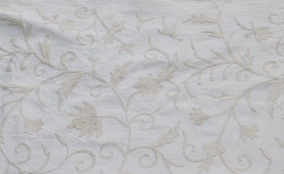 Cotton Crewel Embroidered Fabric "Jacobean", White on White #TML532