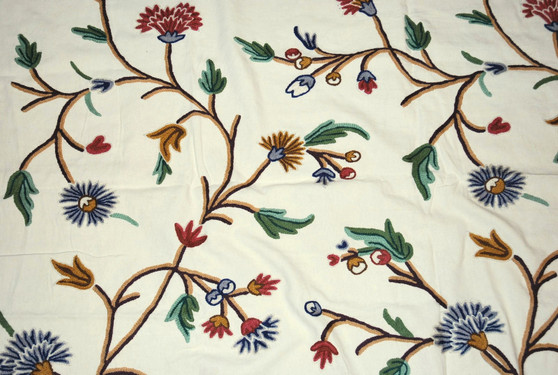Cotton Crewel Embroidered Fabric Floral Cream, Multicolor #FLR312