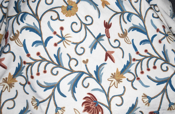 Cotton Crewel Embroidered Fabric "Jacobean" Off-White, Multicolor #TML009