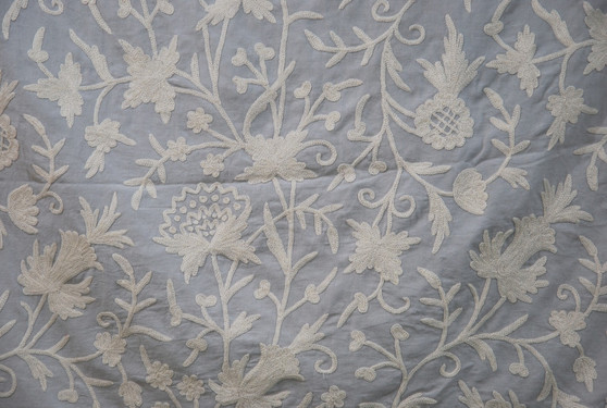 Cotton Crewel Embroidered Fabric, White on Grey #FLR452