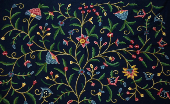 Cotton Crewel Ethnic Embroidered Fabric "Tree of Life" Navy, Multicolor #DDR203