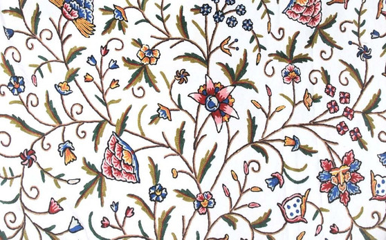 Cotton Crewel Embroidered Fabric "Tree of Life" Off-White, Multicolor #DDR003