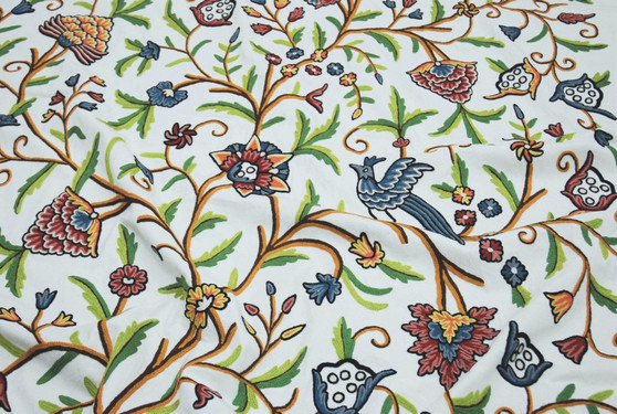Cotton Crewel Embroidered Fabric "Tree of Life Birds" Off-White, Multicolor #BRD104