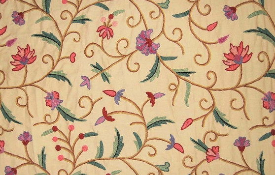 Cotton Crewel Embroidered Fabric "Jacobean" Beige, Multicolor #TML201