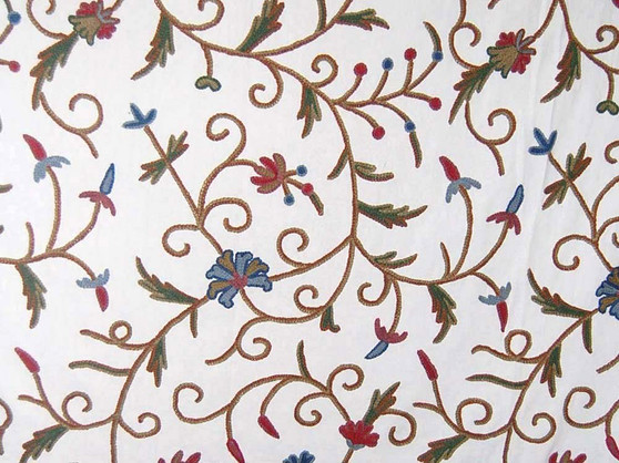 Cotton Crewel Embroidered Fabric "Jacobean" Off-White, Multicolor #TML331