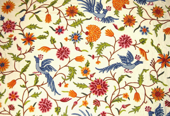 Crewel Cotton Embroidered Fabric "Birds" Cream, Multicolor #BRD333