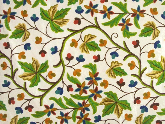 Cotton Crewel Embroidered Fabric "Maple" Off-White, Multicolor #CHR301