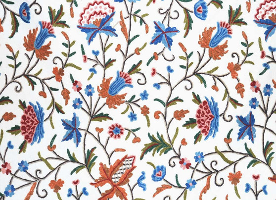 Crewel Cotton Embroidered Fabric Floral Off-White, Multicolor #FLR203